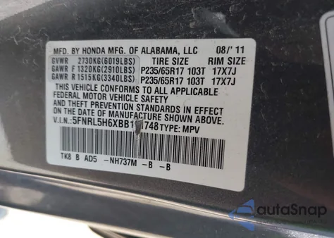 2011 Honda Odyssey Ex-L из США, поврежденный, VIN 5FNRL5H6XBB101748